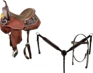 15" Economy Barrel Saddle Set with floral tooling and white buckstitch accents. Comes complete with matching Headstall & Breast Collar Set