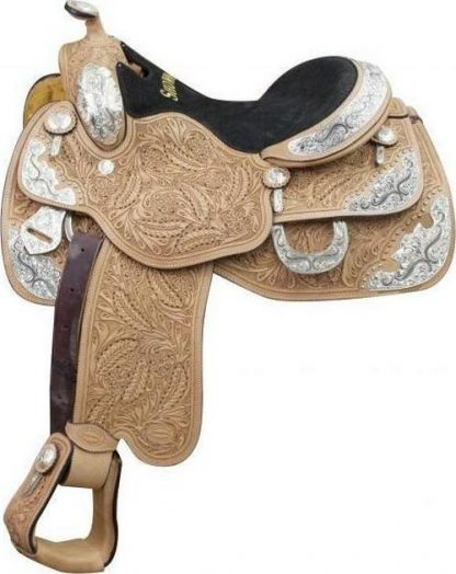 16" Argentina cow leather show saddle with oak leaf tooling and engraved silver plates
