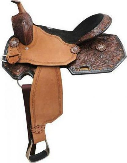 16  Barrel Style Saddle With Amber Colored Rhinestones And Floral Tooling
