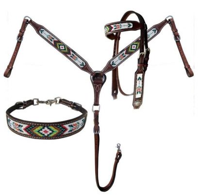 Argentina Leather Beaded Southwest Arrow Design 3 Piece Headstall And Breastcollar Set.