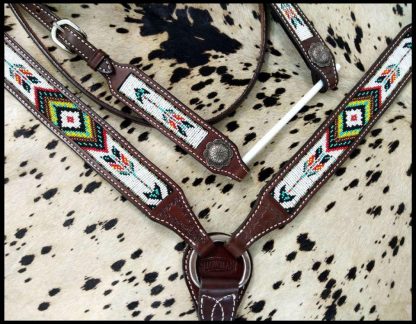 Argentina Leather Beaded Southwest Arrow Design 3 Piece Headstall And Breastcollar Set. - Image 3