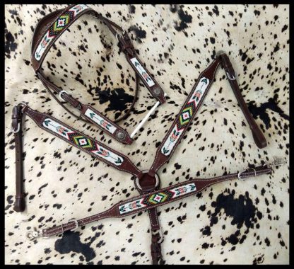 Argentina Leather Beaded Southwest Arrow Design 3 Piece Headstall And Breastcollar Set. - Image 2