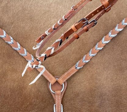 Argentina Leather Browband Headstall And Breast Collar Set With Hair On Cowhide Lacing - Image 3