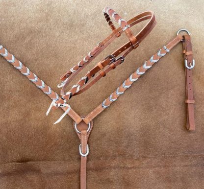 Argentina Leather Browband Headstall And Breast Collar Set With Hair On Cowhide Lacing - Image 2