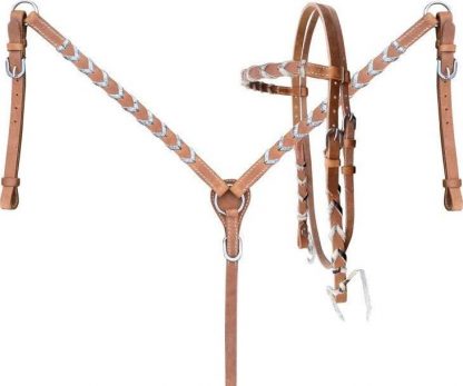 Argentina Leather Browband Headstall And Breast Collar Set With Hair On Cowhide Lacing