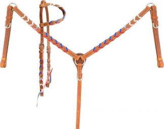 Argentina Cow Harness Leather One Ear Headstall And Breast Collar Set With Red White And Blue Lacing