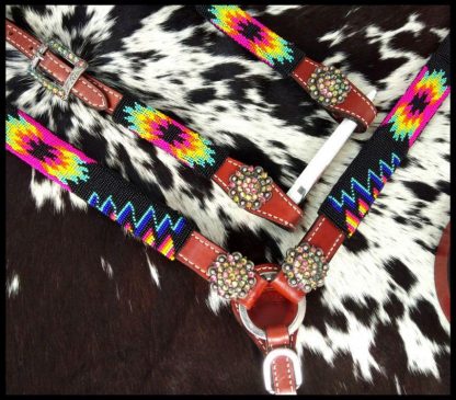 Beaded Bright Color Southwest 4 Piece Headstall And Breast Collar Set. - Image 4