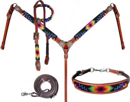 Beaded Bright Color Southwest 4 Piece Headstall And Breast Collar Set.