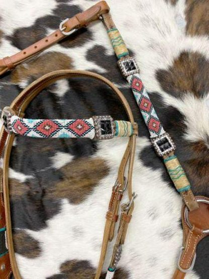 Beaded Browband Bridle And Breast Collar Set, This Medium Oil Set Features Teal, Coral And White Beads In A Diamond Design Pattern - Image 2