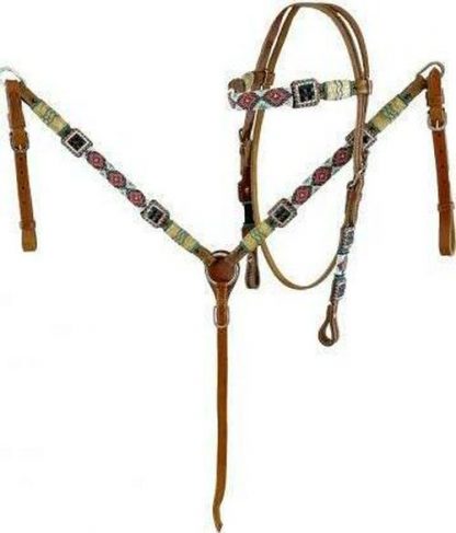 Beaded Browband Bridle And Breast Collar Set, This Medium Oil Set Features Teal, Coral And White Beads In A Diamond Design Pattern