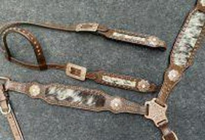Black And White Hair On Cowhide Inlay Single Ear Headstall And Breast Collar Set. - Image 3