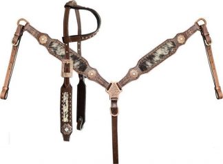 Black And White Hair On Cowhide Inlay Single Ear Headstall And Breast Collar Set.