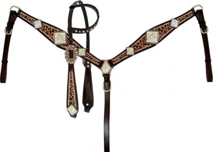 Cheetah Print One Ear Headstall And Breast Collar Set With Rhinestone Accents And Large Crystal Conchos.