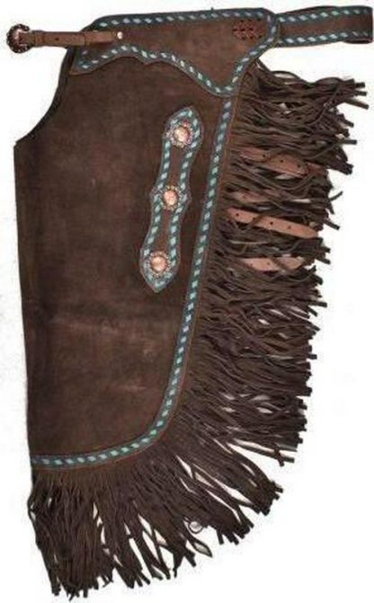 Custom Hand Made Western Chinks - All Sizes - Turquoise Buckstitch - Dark Brown Suede Leather - Copper Conchos -XS,S,M,L,XL,XXL - Image 2