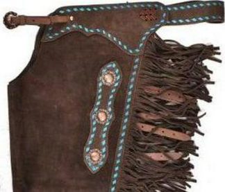 Custom Hand Made Western Chinks - All Sizes - Turquoise Buckstitch - Dark Brown Suede Leather - Copper Conchos -XS,S,M,L,XL,XXL