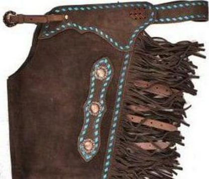 Custom Hand Made Western Chinks - All Sizes - Turquoise Buckstitch - Dark Brown Suede Leather - Copper Conchos -XS,S,M,L,XL,XXL