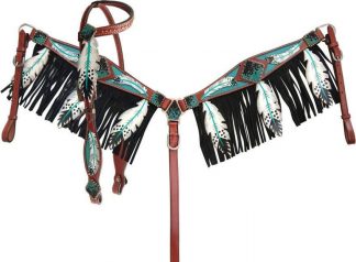 Cut- Out Teal Painted Feather Headstall And Breast Collar With Black Fringe.