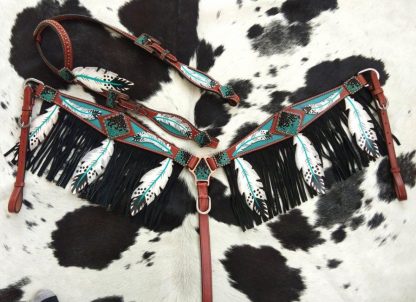 Cut- Out Teal Painted Feather Headstall And Breast Collar With Black Fringe. - Image 2