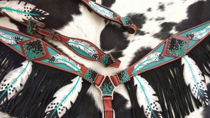 Cut- Out Teal Painted Feather Headstall And Breast Collar With Black Fringe. - Image 3