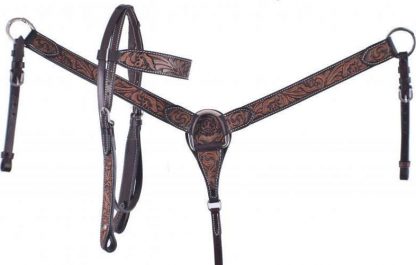 Dark Brown Leather Headstall And Breast Collar Set With Floral Tooling.