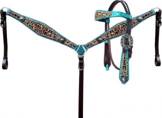 Hair On Cheetah With Metallic Teal Accent Browband Headstall And Breast Collar Set With Beads And Engraved Conchos And Hardware.