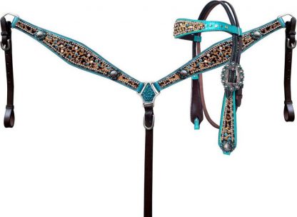 Hair On Cheetah With Metallic Teal Accent Browband Headstall And Breast Collar Set With Beads And Engraved Conchos And Hardware.