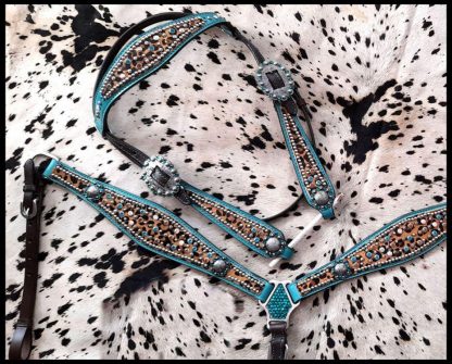 Hair On Cheetah With Metallic Teal Accent Browband Headstall And Breast Collar Set With Beads And Engraved Conchos And Hardware. - Image 2