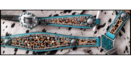 Hair On Cheetah With Metallic Teal Accent Browband Headstall And Breast Collar Set With Beads And Engraved Conchos And Hardware. - Image 3