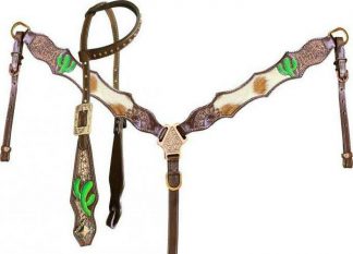 Hair on Cowhide One Ear Leather Headstall and Breast Collar Set with Painted Cactus