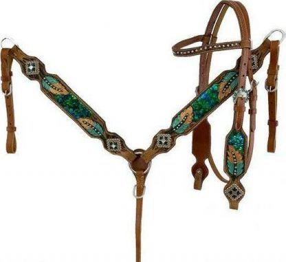 Hand Painted Browband Headstall And Breastcollar Set With Feather Design.