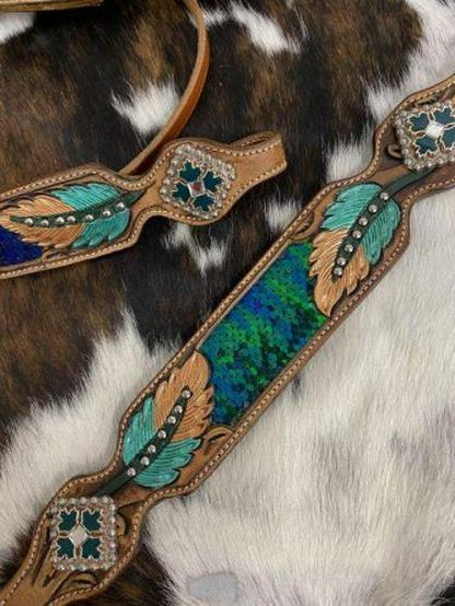 Hand Painted Browband Headstall And Breastcollar Set With Feather Design. - Image 2
