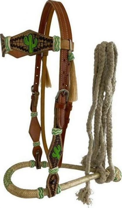 Hand Painted Cactus Bosal With Cotton Mecate Reins