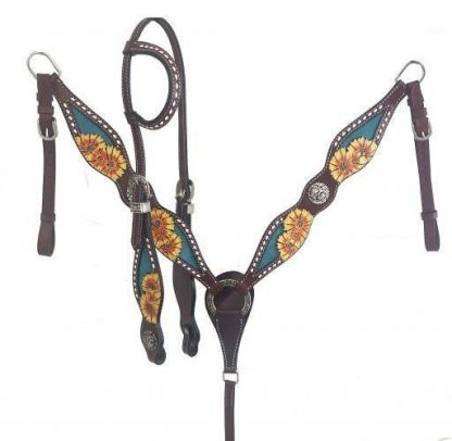 Hand Painted Sunflower Design One Ear Bridle And Breast Collar Set With Silver Design Conchos.