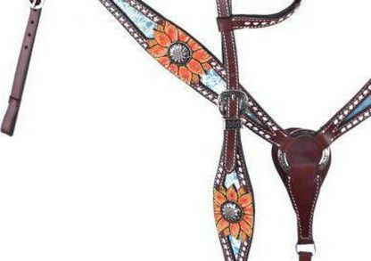 Hand painted sunflower One ear bridle and breast collar set with silver filigree design conchos. - Image 2