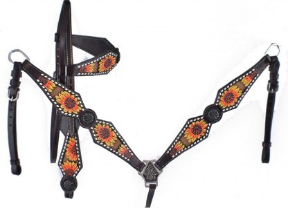 Hand painted sunflower headstall and breast collar set with sunflower conchos.