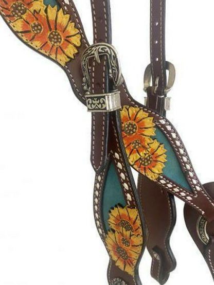 Hand Painted Sunflower Design One Ear Bridle And Breast Collar Set With Silver Design Conchos. - Image 2