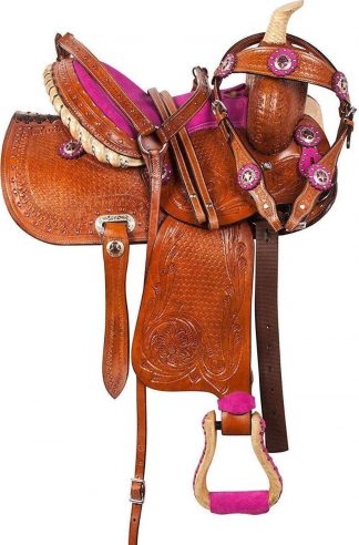 Kids Saddle Sale 20% Off PINK - 12  Inch Saddle Youth - Fully Tooled Leather + Matching 3pc Western Tack Set Included