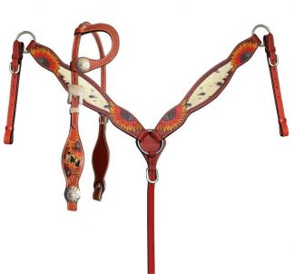 Medium Oil Painted Sunflower One Ear Headstall And Breast Collar Set With Hair On Cowhide.