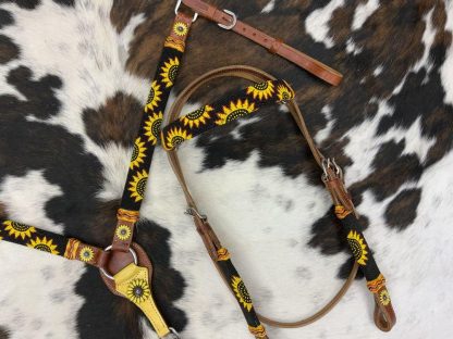 Medium Oil Leather Browband Headstall With Beaded Sunflower Design - Image 2