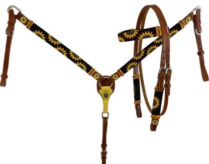 Medium Oil Leather Browband Headstall With Beaded Sunflower Design
