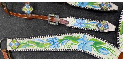 One Ear Headstall and Breast Collar Set with Painted Blue Flower - Image 4