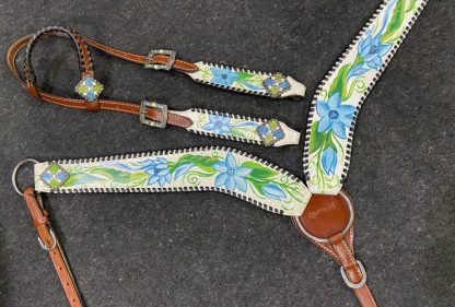 One Ear Headstall and Breast Collar Set with Painted Blue Flower - Image 3