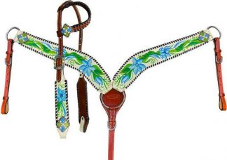 One Ear Headstall and Breast Collar Set with Painted Blue Flower