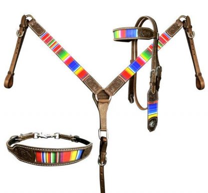 Rainbow Serape Print Browband Headstall And Breast Collar Set With Wither Strap.