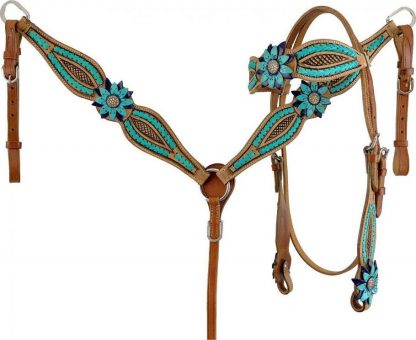 Rawhide Laced Headstall And Breast Collar Set With 3D Leather Painted Flower Accents