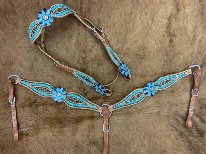 Rawhide Laced Headstall And Breast Collar Set With 3D Leather Painted Flower Accents - Image 3
