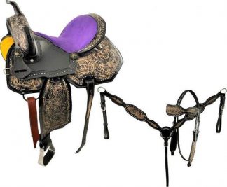 Sale 20% Off 15  Economy Barrel Style Saddle Set With Floral Tooling, Conchos With Suede Purple Seat