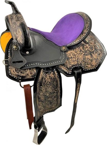 Sale 20% Off 15  Economy Barrel Style Saddle Set With Floral Tooling, Conchos With Suede Purple Seat - Image 3