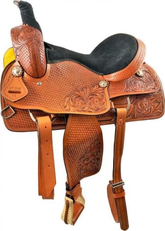 Sale 20% Off 16  Medium Oil Roping Style Saddle With Rough Out Fenders And Jockeys With Floral/basket Weave Combo Tooling