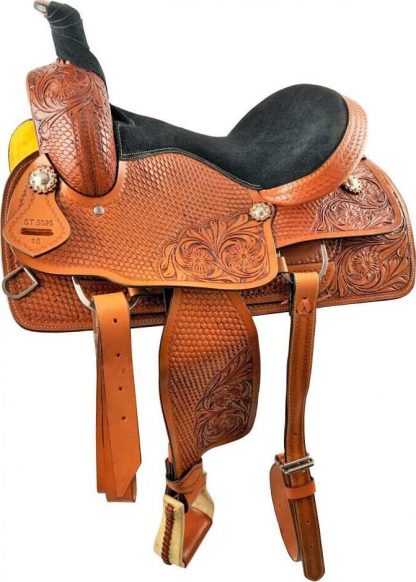 Sale 20% Off 16  Medium Oil Roping Style Saddle With Rough Out Fenders And Jockeys With Floral/basket Weave Combo Tooling